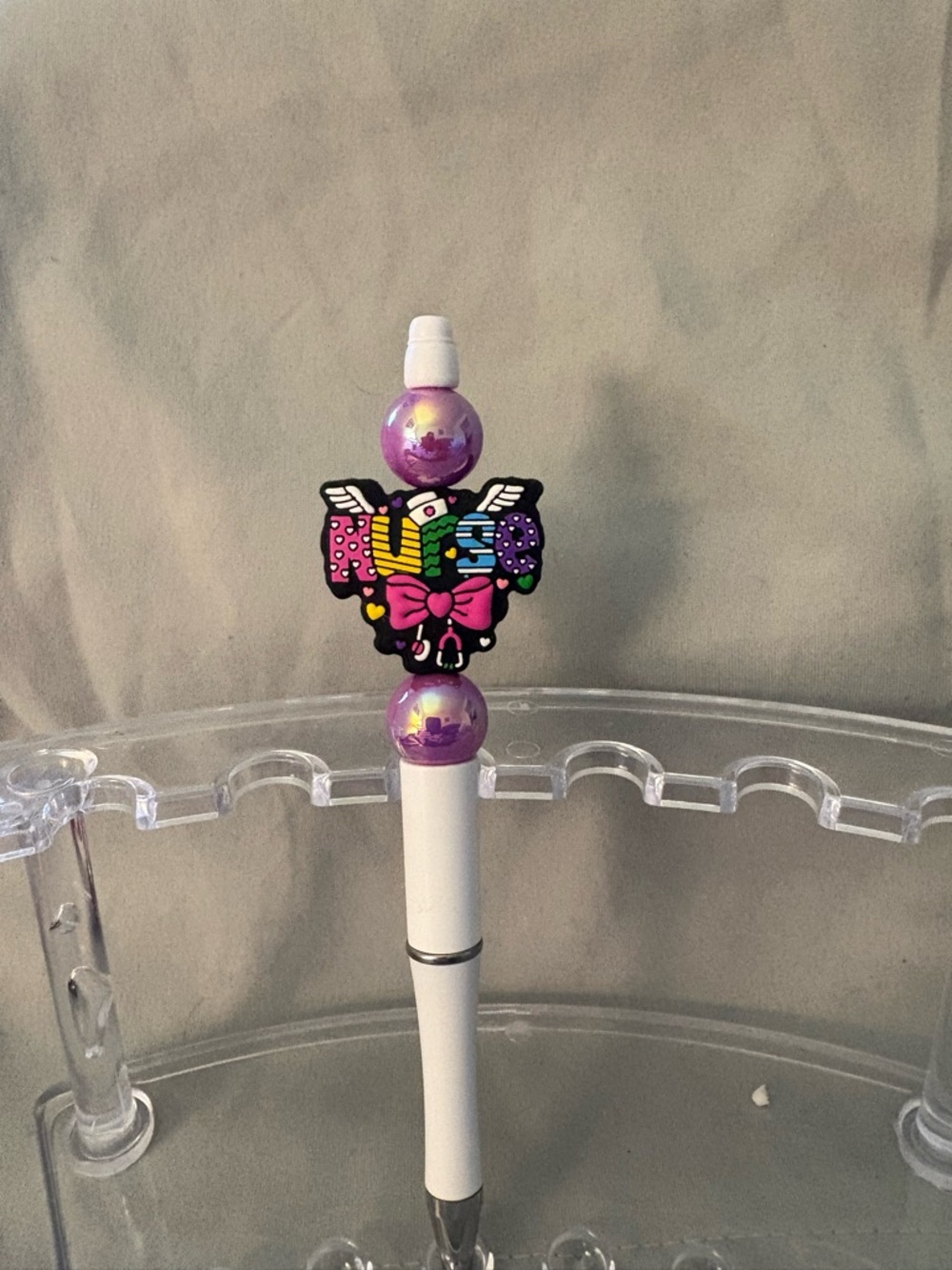 Decorative Purple Beaded Pen with Cute Nurse Charm Accent